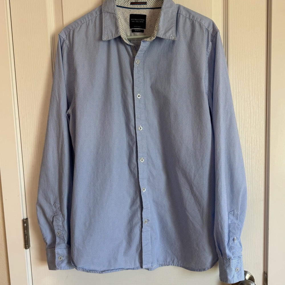 Denim & Flower Slim Fit Dress Shirt Mens Large Blue Micro Dot Long Sleeve Cotton